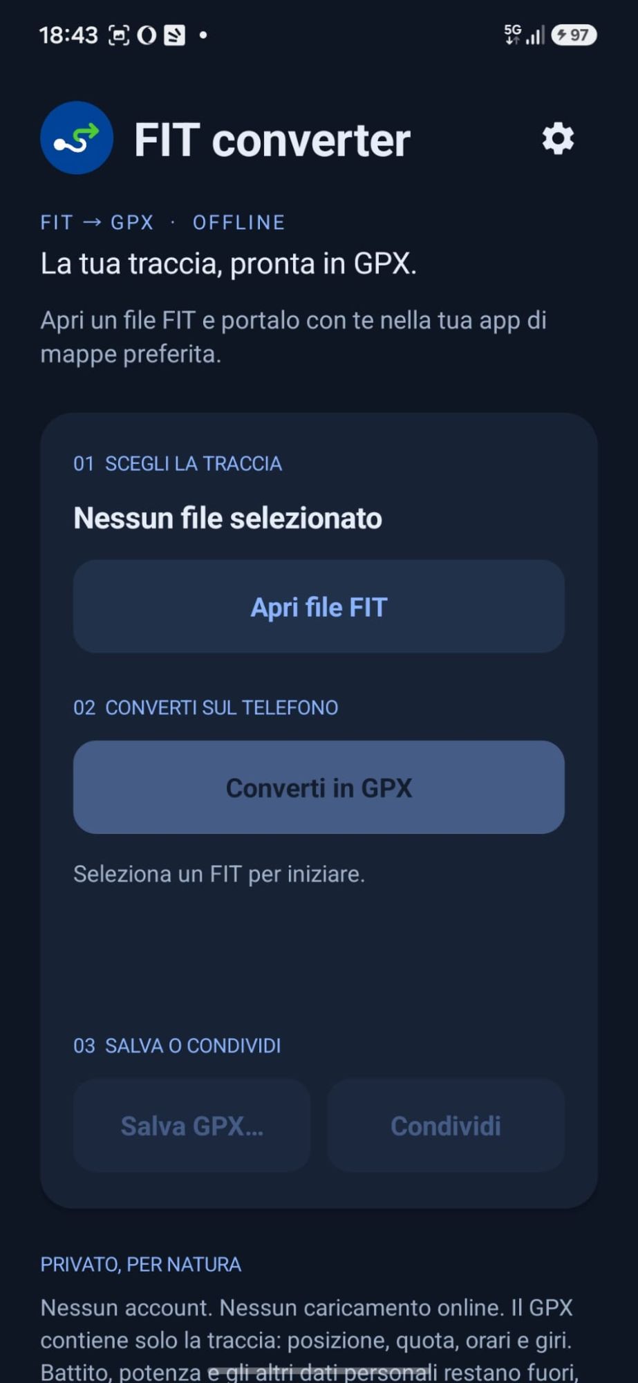 Schermata di FIT converter